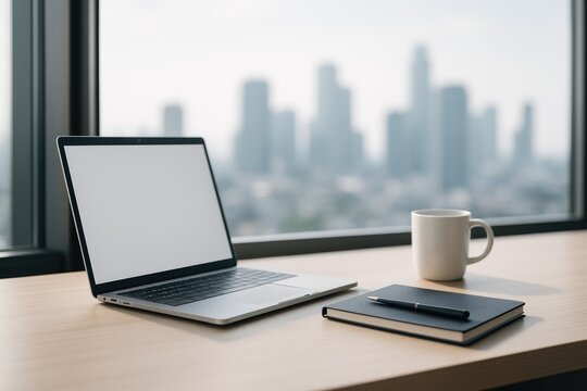 Modern Workspace Setup Featuring a Laptop, Notebook, and Coffee Cup With a City Skyline Backdrop on a Clear Day