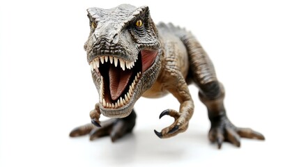 Fototapeta premium Close-up of a fierce T-Rex figurine with sharp teeth, capturing its menacing essence and primal power.
