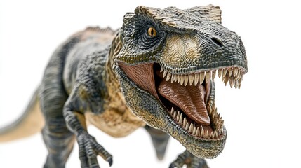 Fototapeta premium Close-up of a fierce T-Rex figurine with sharp teeth, capturing its menacing essence and primal power.