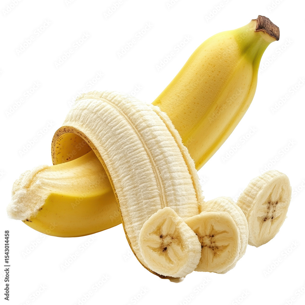 Poster freshly sliced banana on a pristine transparent background with peel partially removed, slice banana