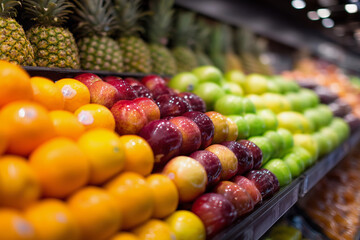 A fruit stand with a variety of fruits including apples, oranges, and bananas. The apples are in different colors and sizes, and the oranges are piled up in a corner. The bananas are also visible