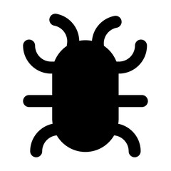 Simple solid vector icon of a bug symbol, commonly used in coding, terminal, and developer interfaces. Ideal for apps, websites, dashboards, and coding tools. SVG format, easy to edit and scale.