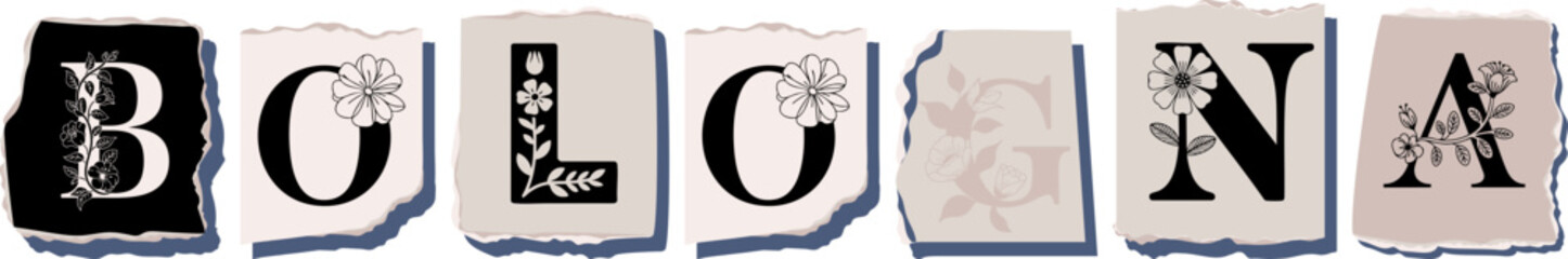 BOLOGNA Floral Typography of a Travel Destination � Elegant Torn Paper Letter Design