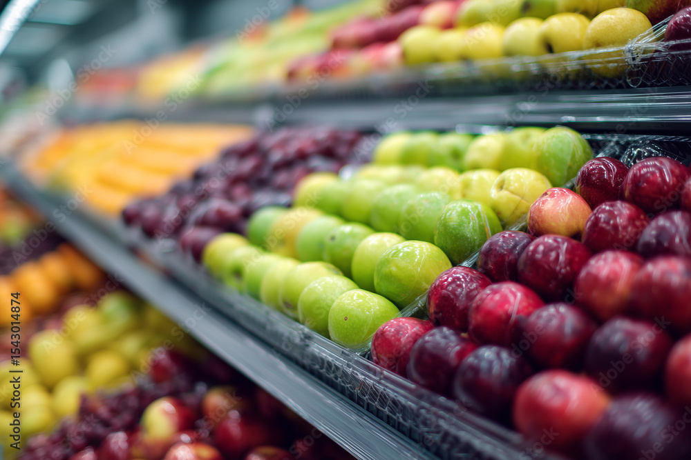 Poster a fruit stand with a variety of fruits including apples, oranges, and bananas. the apples are displa