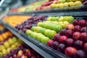 A fruit stand with a variety of fruits including apples, oranges, and bananas. The apples are displayed in a row and the oranges are in a separate row
