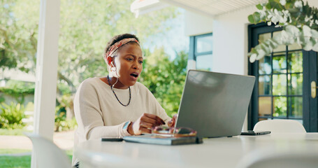 Remote work from home, shocked and black woman with laptop, mistake and bad news. African person,...