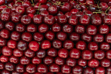 Fresh cherries piled high showcasing the bounty of summer harvest. Glossy red cherries arranged in...