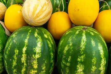 Watermelons and melons at the market. A colorful array of fresh melons and watermelons. Melons and...