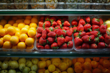 A fruit display with oranges, strawberries, and apples. The oranges are in a bin on the left, the strawberries are in a bin in the middle, and the apples are in a bin on the right