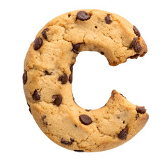 Uppercase letter C shaped chocolate chip cookie on white background