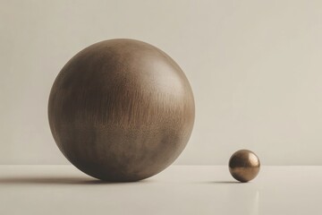Minimal composition with large smooth wood ball and tiny metallic iron ball