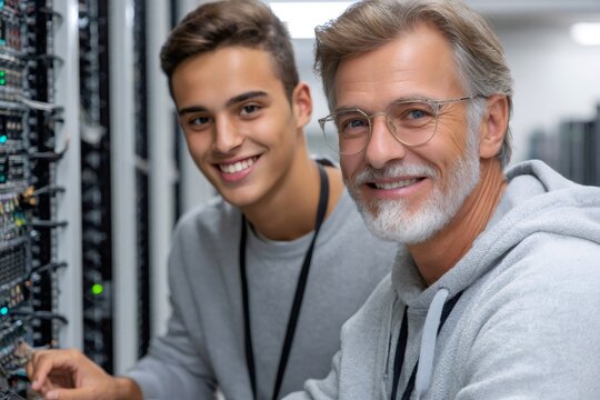 It engineers working on a server rack in a data center