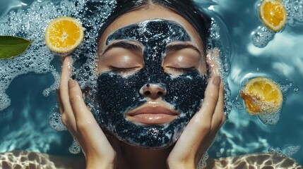 Serene Woman with Caviar Face Mask and Citrus in Bubbling Water