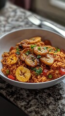 Nigerian jollof rice with fried plantains.