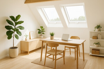 Modern Minimalist Workspace Featuring a Wooden Table, Plants, and Skylights in a Bright Room