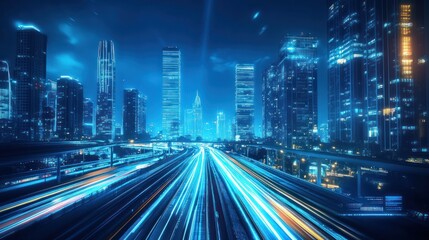 Obraz premium Night city highway, vibrant lights streak across