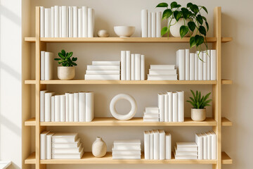 Modern Bookshelf Filled With White Books and Decorative Plants in a Minimalist Setting