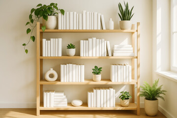 Modern Minimalist Bookshelf Arrangement in a Bright, Cozy Interior Featuring Leafy Plants and Decorative Elements