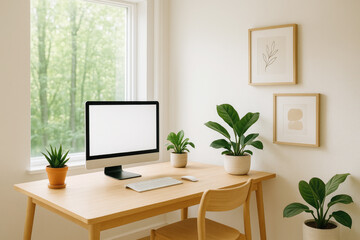 Modern Home Office With Plants and Natural Light in a Serene Setting During Daytime