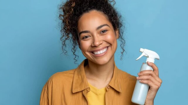 Professional woman smiles while holding a spray bottle against a vibrant blue background during a cleaning demonstration in a bright workspace