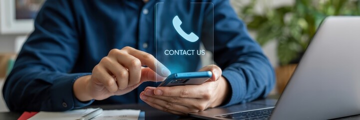 Person interacting with a contact us interface on a smartphone.