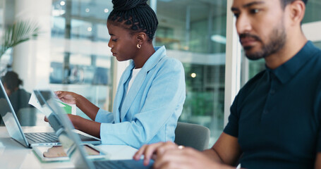 Business, laptop and man in office, woman and collaboration with internet, copywriting and...