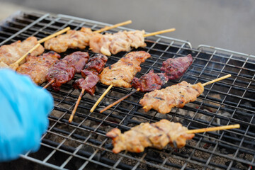 Thailand treditionlal food, Thailand street food, pork are grill with sweet sauce.