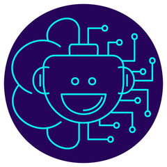 AI assistant icon. Vector pictogram with thin lines on a dark blue circular background. Smiling robot face with neural connections, symbolizing artificial intelligence, chatbot, and digital assistant