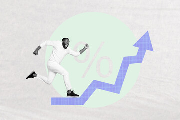 Fototapeta premium 3D photo collage template trend artwork sketch of young man run excited arrow up percent currency cash wealth finance trade success