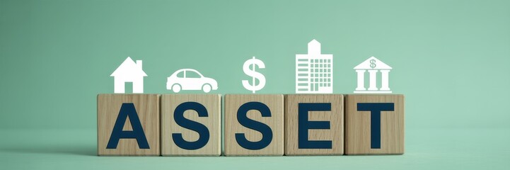 Wooden blocks spelling out the word asset, with financial icons on top.