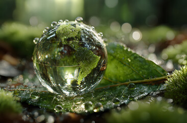 Concept of World Water Day. Transparent glass globe with continents in raindrops. Green leaf protects from rain. Eco-friendly background. Environmental protection and ecology concept.