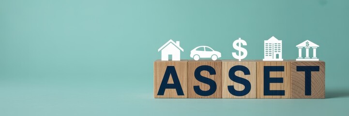 Wooden blocks spelling out the word asset with financial icons.