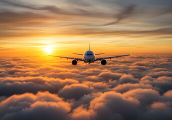 commercial airplane flying above clouds during golden sunset