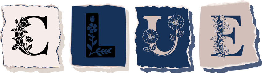 CLUE Floral Typography of a Concept Word � Elegant Torn Paper Letter Design