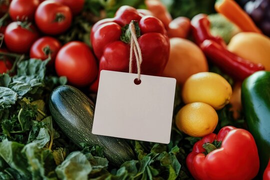 Isolated white rectangular price tag sign glowing amidst abstract produce background
