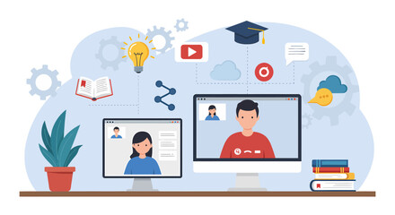 Online Learning and Virtual Education with Digital Resources. Illustration of online learning with video calls and digital education icons.