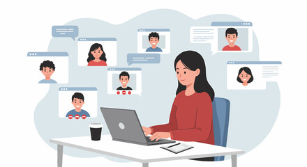 Woman Engaged in Online Group Video Call or Conference. A woman participates in an online group video call from her laptop.