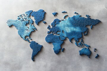 Incomplete world map built from blue puzzle pieces on grey table