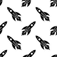 Seamless pattern, flying rocket. Space travel. Creative idea symbol. Rocket ship with fire.