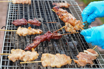 Thailand treditionlal food, Thailand street food, pork are grill with sweet sauce.