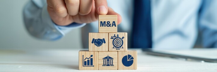 Wooden blocks with business icons arranged in a pyramid.