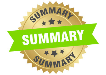 summary. summary round green and gold label isolated on transparent background