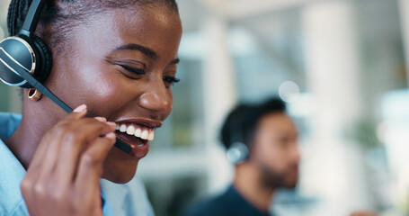 Call center, happy or woman with headset for chat, consulting or loan advice in office. Virtual...