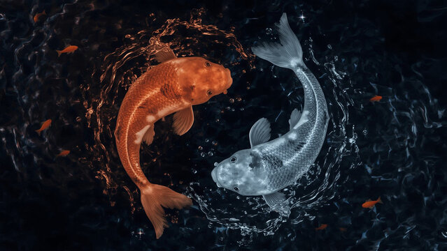 Digital artwork featuring koi fish arranged in a yin-yang pattern against a dark whirlpool background. - Powered by Adobe