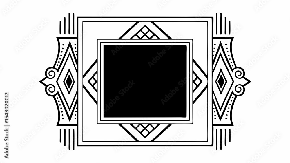 Poster decorative frame with geometric patterns and a central black rectangle design element in black and w