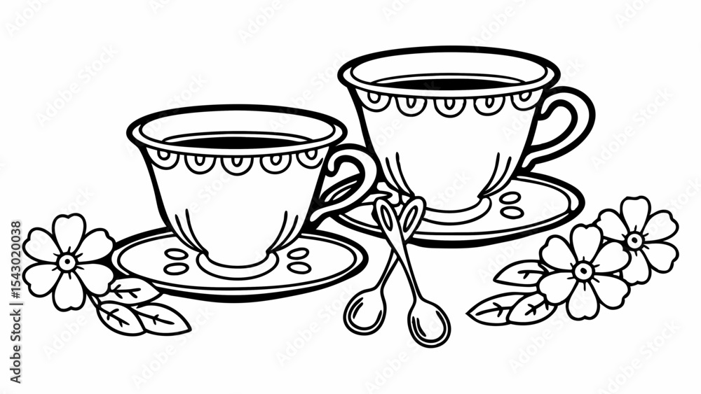 Poster two teacups with saucers and spoons surrounded by flowers in a black and white line drawing style cr