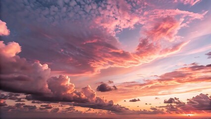 A photograph capturing a breathtaking view of a sunset with a sky filled with a beautiful array of pink-tinged clouds.
