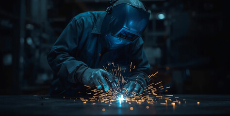 Professional welder in blue helmet and protective suit performs precise metal welding with bright orange sparks on dark industrial background.