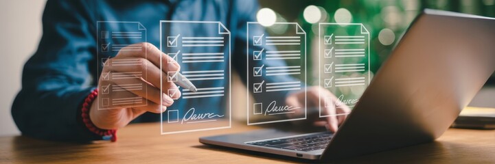 Person completing a digital checklist on a laptop.