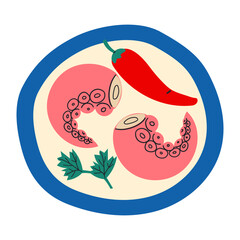 Different dishes from South Korean country traditional cuisine. Illustrations of Asian countries meals from above. Isolated vector food images . Octopus tentacles on plate